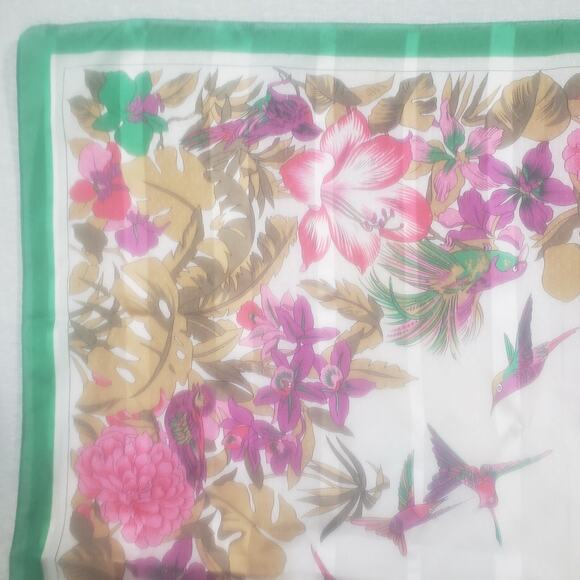 Italian Floral Hummingbird Scarf Green Purple 31” Cottagecore Retro Chic - Picture 3 of 8
